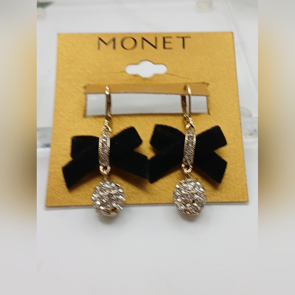 Monet Black Velvet Bow and Gold Balls With Crystals Earrings NWT - Picture 3 of 5